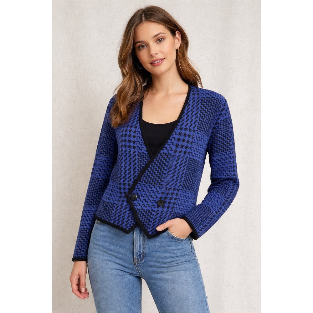 Ciao Ltd Vintage‎ Cardigan Womens Large Blue Black Houndstooth Wool Blend Knit